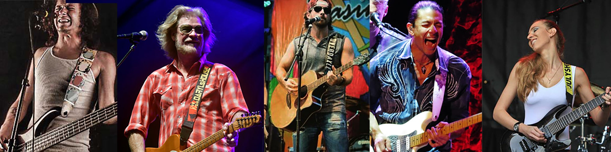 Image of guitar players showing off their personalized style with guitar straps from StrapGraphics custom guitar straps.