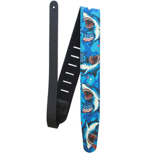 Freedom Bite – Custom Leather Suede Guitar Strap with Patriotic Shark Design (2.5") - Customize this strap - StrapGraphics