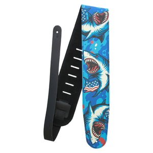 Freedom Bite – Custom Leather Suede Guitar Strap with Patriotic Shark Design (3.5") - Customize this strap - StrapGraphics