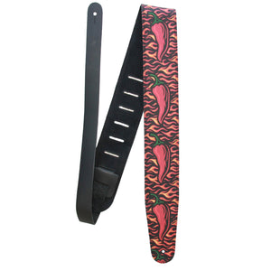 Hot Licks – Custom Leather Suede Guitar Strap with Flame & Chili Pepper Print (2.5") - Customize this strap - StrapGraphics