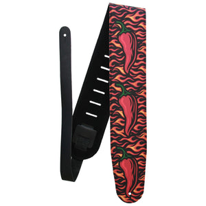 Hot Licks – Custom Leather Suede Guitar Strap with Flame & Chili Pepper Print (3.5") - Customize this strap - StrapGraphics