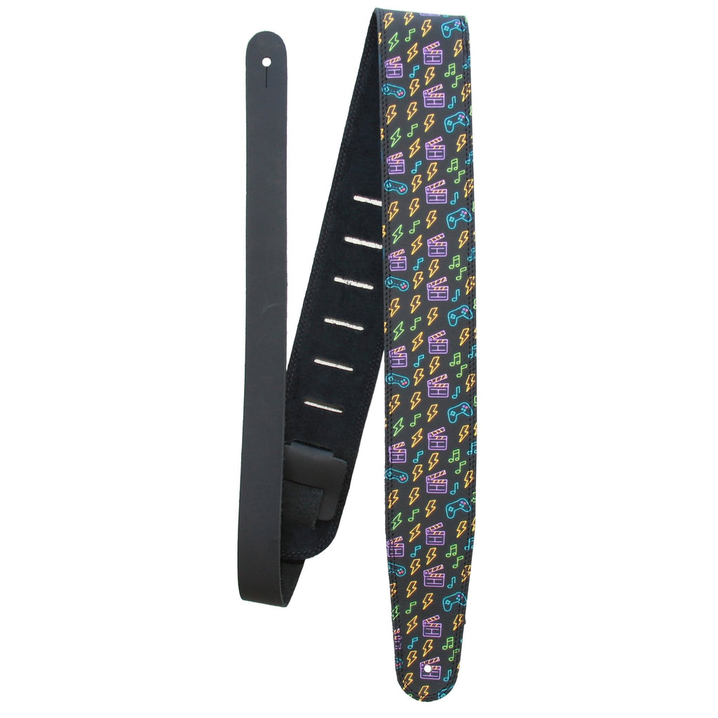 Neon Riot – Custom Leather Suede Guitar Strap with Neon Gamer Print (2.5") - Customize this strap - StrapGraphics