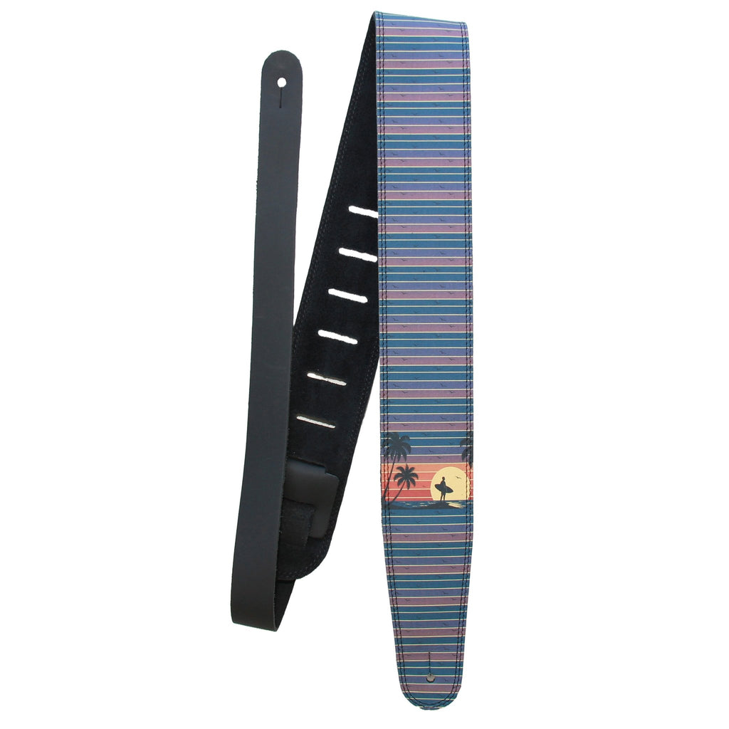 Shoreline Fade – Custom Leather Suede Guitar Strap with Retro Sunset Print (2.5") - Customize this strap - StrapGraphics