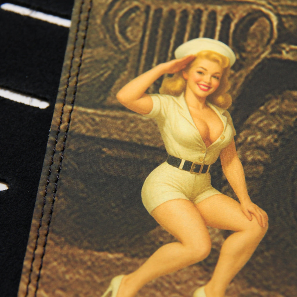 Victory Vixen – Custom Leather Suede Guitar Strap with WWII Pin - Up Art (2.5") - Customize this strap - StrapGraphics