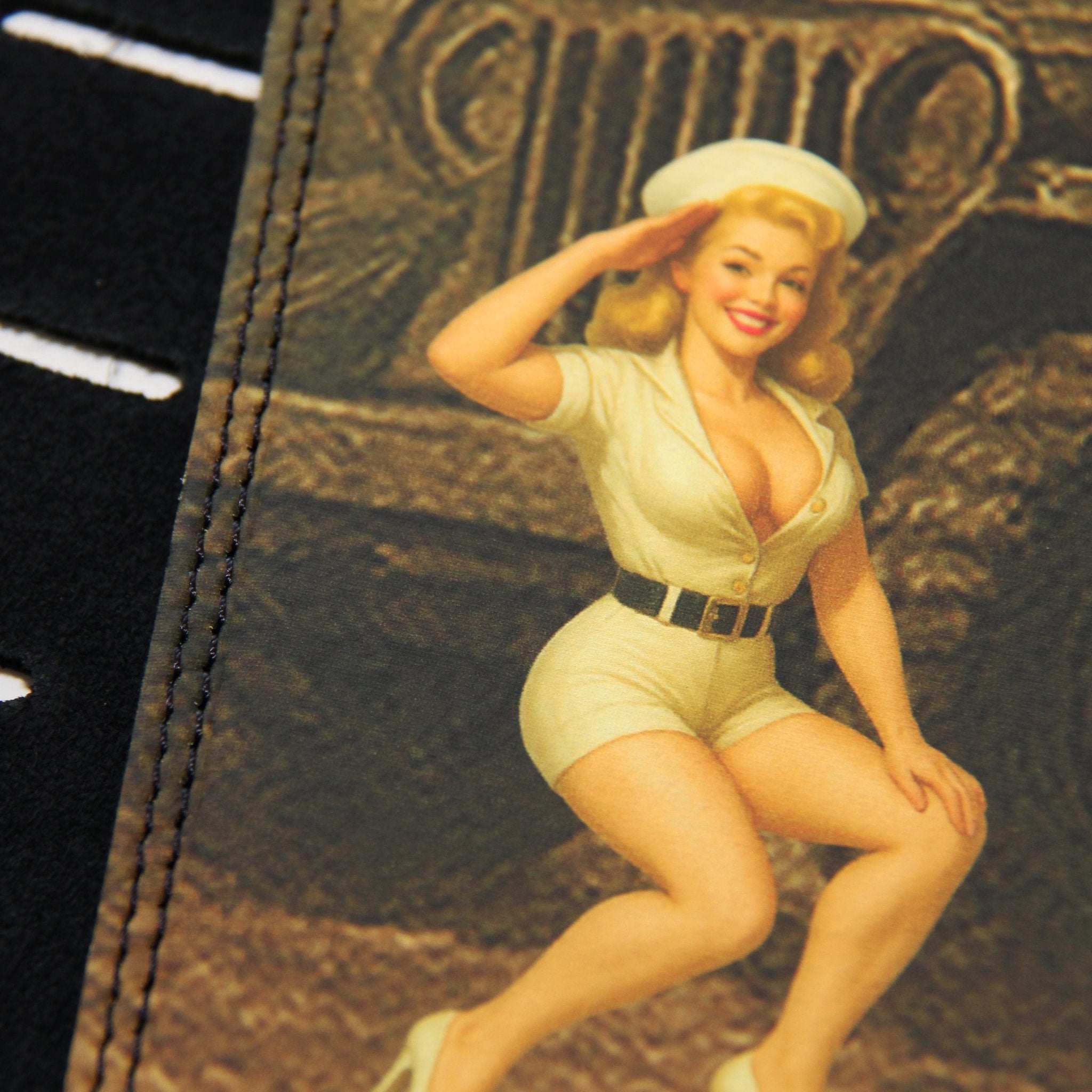 Victory Vixen – Custom Leather Suede Guitar Strap with WWII Pin - Up Art (2.5") - Customize this strap - StrapGraphics