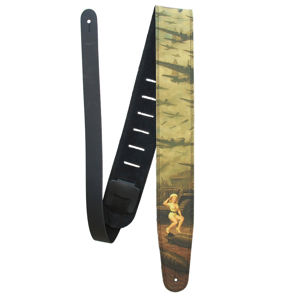 Victory Vixen – Custom Leather Suede Guitar Strap with WWII Pin - Up Art (2.5") - Customize this strap - StrapGraphics
